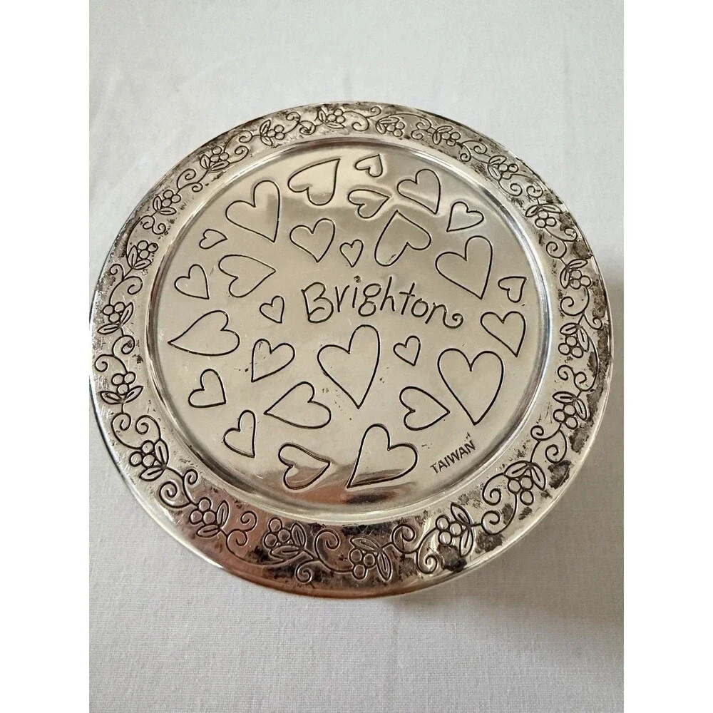 Brighton Skribbel Round Trinket Box G80830 Silver Scrollwork Hearts Cottagecore